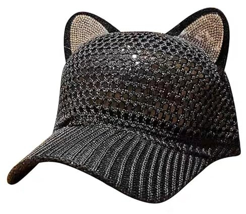 J26 Katze Ohr Hut Baseball Kappe Paillette Glänzend Spitz Süß Mütze Gltitzer Damen Kinder verstellbar (Schwarz Kids)