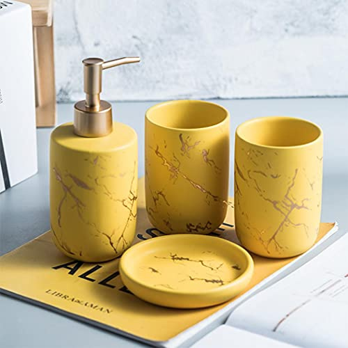 kiss me Ceramic Bathroom Accessory Set 4-Piece Marble Dispenser Set, Yellow | Modern Bathroom Countertop Accessories Set, Luxury Home Decor, Complete with Soap Dispenser & Toothbrush Tumbler & Soap Dish
