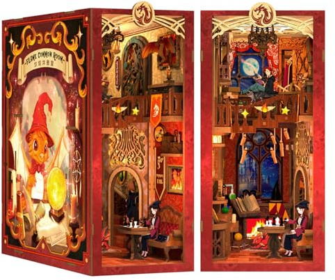 Cutefun DIY Book Nook - Puppenhaus Kitaus Holz mit Staubschutzhülle,DIY Miniatur Puppenhaus Bücherecke Bibliothek Häuser Modellbausätze mit LED Leuchten Bücherregal Dekor (Flame Common Room)