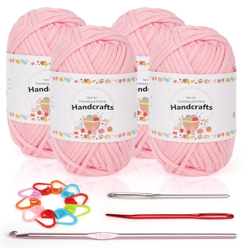 Coopay 4 x 50g Baumwolle Häkelwolle für Anfänger, Gut Sichtbare Maschen Garn Häkelgarn mit Häkelzubehör, Chunky Wolle zum Häkeln, Dickes Baumwoll-Nylon-Mischgarn für Tasche, Puppen - Rosa