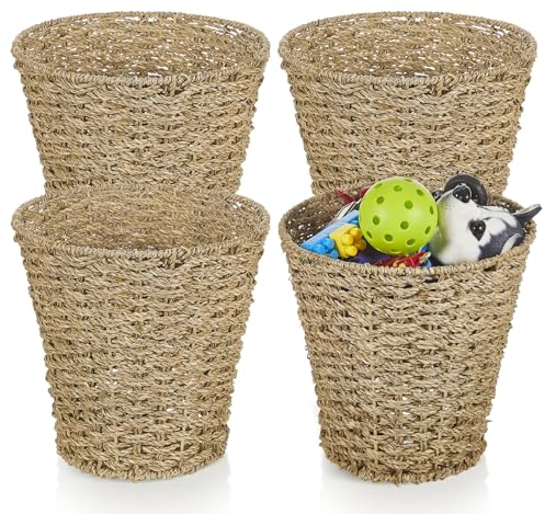 Hushee Abfalleimer aus Seegras, gewebter Rattan-Mülleimer, Boho-Papier-Mülleimer für Schlafzimmer, Küche, Bad, Büro, Zuhause, Braun, 4 Stück