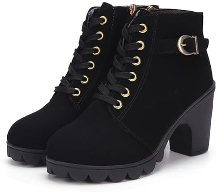 Dernolsea Women's Lace Up Ankle Boots - Platform Block Heel & Zip - Ladies Chunky Heeled Boots Black Size 4.5-5