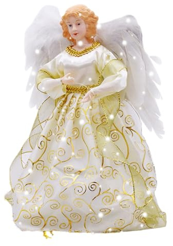 Tefola Engel Baumkrone Figur, 32,6 cm LED Weihnachtsbaumspitze Stern Engel Dekoration, Weihnachtsengel Schöne Weihnachtsdekoration (Goldmuster)