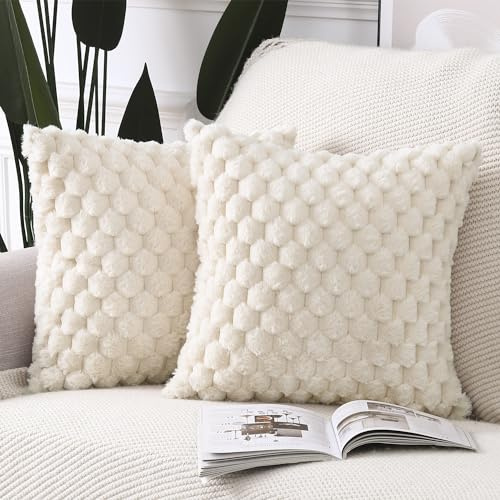 Madizz 2er Set Kunstpelz Plüsch Dekorative Kissenbezüge Weich Dekorative Kissenbezug für Sofa Schlafzimmer Kissen Shell Beige 40 x 40 cm