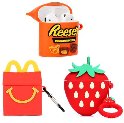 XMBYGY - Custodia protettiva in silicone per Airpods 1 e Airpods 2, con simpatico design a effetto pelle divertente, con portachiavi (3D, fragola + Reese + M)