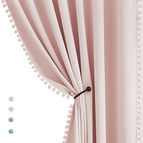 Pompon-Verdunkelungsvorhänge für Schlafzimmer, Rosa, Mädchen, 228,6 cm, energieeffizient, wärmeisoliert, Wohnzimmer, verdunkelnde Vorhänge für Küche, Kinderzimmer, 132,1 cm B x 2 Paneele mit