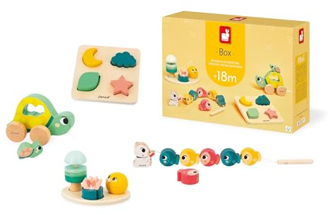 Janod - Box Giochi Neonato - Giocattolo Bambino 18 Mesi - Giocattoli Multisensoriali con Puzzle in Legno - Giocattoli Motricità - Giocattoli Attività e Sviluppo Psicomotorio - Dai 18 Mesi - J04064
