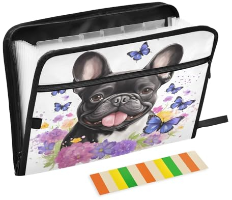 Fächermappe mit 13 Fächern, A4-Papier, Dokumentenmappe, Akkordeon-Ordner, Reißverschluss, Motiv: Butterfiles mit Hund