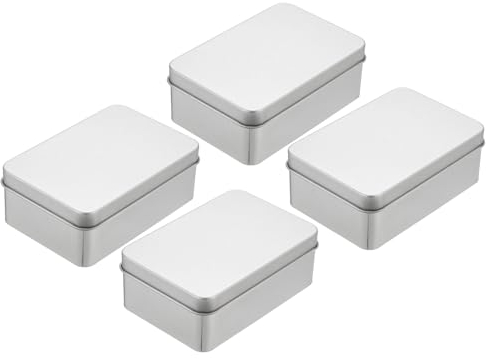 sourcing map Metal Tin Box Container, 4Pcs 4.2x2.8x1.6 Inch Silver Mini Portable Metal Rectangular Empty Hinged Tins Box with Lid for Candy Tins Gift