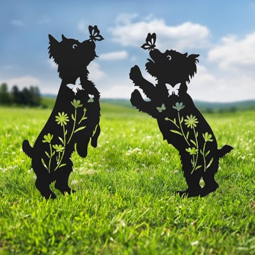 Dog Decorative Garden Stakes Dog Outdoor Decor Stake Outdoor Metal Dog Statue Animal Decorative Garden Stakes Set of 2(Yorkie)