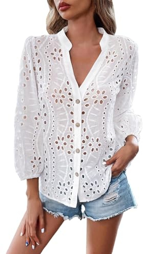 YCBMINGCAN Camisa de ganchillo bohemia para mujer, mangas de globo, encaje, ojales, parte superior de camisa, blusa, traje tradicional
