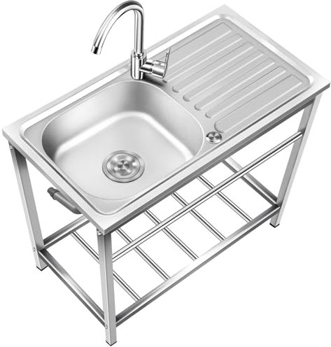 Grand Évier Cuisine 1 Bac con explotación en Forma de Plato, Évier INOX Autoportant con Robinet y Soporte, Évier Utilitaire Plonge INOX para Cocina, Restaurante, Garaje, jardín