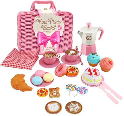 KDAMGOQE Picnic para niños Sets de Picnic para niños para 3+ Simulación de niñas y niños Lindo para niños Té Interactivo Imaginativo Desarrollo ABS Té Fiesta Set para el Juego de Roles Play