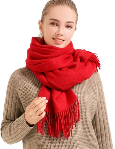 Winterschal aus reiner Wolle für Damen, warm, einfarbig, Pashmina-Quaste, großer Kaschmirschal, rot, 180x70cm