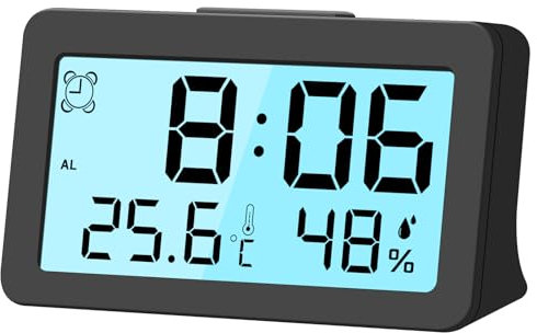LXSZRPH Digital Travel Alarm Clock, Mini Desk Clock, Backlight, Loud Volume, Battery Operated, Temperature Humidity Display, LCD, Easy to Use, Portable (1, Black)