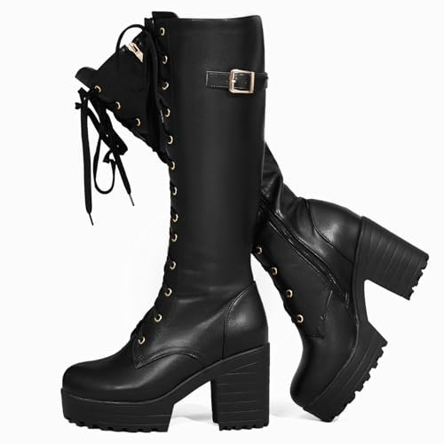 Voviggiw Modische Plateau-Stiefel für Damen, kniehoch, Schnürstiefel, klobiger Absatz, mit Schnalle, seitlichem Reißverschluss, Bikerstiefel, Schwarz , 39 EU