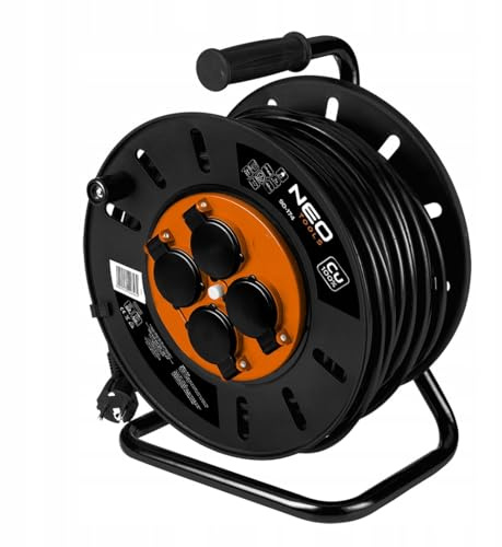 NEO TOOLS Kabeltrommel, 4 Steckdosen, 230 V - IP20 schwarz | Kabeltrommel/Kabeltrommel mit 4 Steckdosen, Mit Thermosicherung und Erdungsanschluss, Leistung: 3600 W 3 x 2,5 mm 40 m