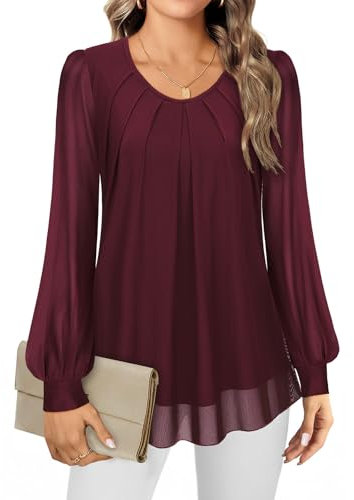 Gemulate Women's Blouses Ladies Evening Tops Long Sleeve Top Crew Neck Pleated Front Fitted Tunic Tops Loose Flowy Chiffon Tops Double Layer Ladies Tops for Wedding Guest - Wine Red, L