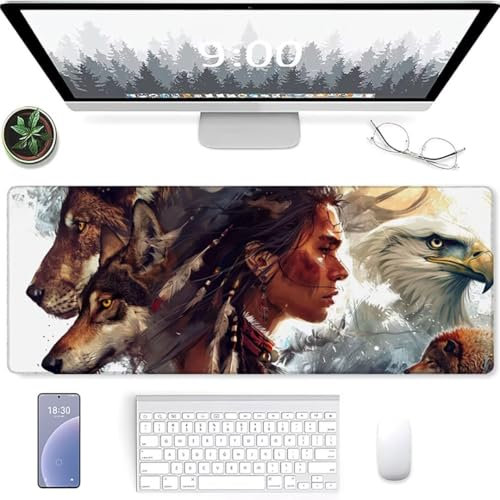 XXL Mauspad komplett Weiss Speed Gaming 800 x 400mm - XXL Mousepad - Tischunterlage Large Size - verbessert Präzision & Geschwindigkeit - Stabiler Halt auf glatten Oberflächen Indianer Adler