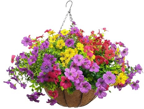 Aflorshope Artificial Violet Flowers Hanging Basket Artificial Violet Hanging Fake Flowers Faux Plants Basket for Outdoor Garden Porch Window Box Patio Yard Decor (Multicolor)