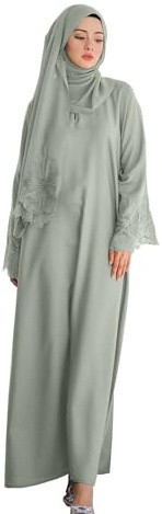 Muslimisches Gebetskleid, reine Farben, langärmlig, muslimisches Kleid, Damen, Freizeit, Rock mit breitem Saum, große Kleidung für Alltag, Hochzeit, Abend, Party, Hochzeitskleid – enthält Hijab