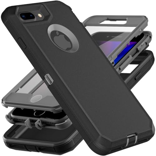 YmhxcY for iphone 8 Plus/iPhone 7 Plus Case with Built in Screen Protector Drop Proof 3-Layer Durable Cover/Shockproof Armor Drop Protection Solid Rubber Case for iPhone 7+/8+-Black/Grey-New