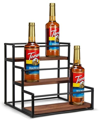 Jenmayt Scaffale per sciroppo di caffè,3 piani, 12 bottiglie,mensole da bar retrò,in legno rustico e filo metallico,supporto per stazione di caffè,per sciroppo, vino, condimenti
