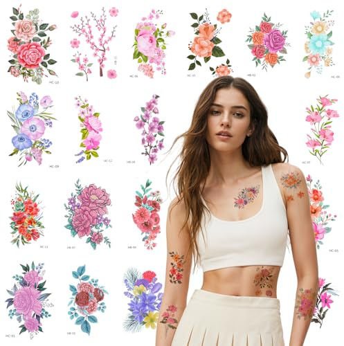 Wanmu Flower Temporäre Tattoos für Frauen Erwachsene, 24 Bögen Realistische Aquarell Blumen Temporäre Tattoo Aufkleber, Halb Permanente Fake Tattoos, Körperkunst Tattoo für Oberschenkel
