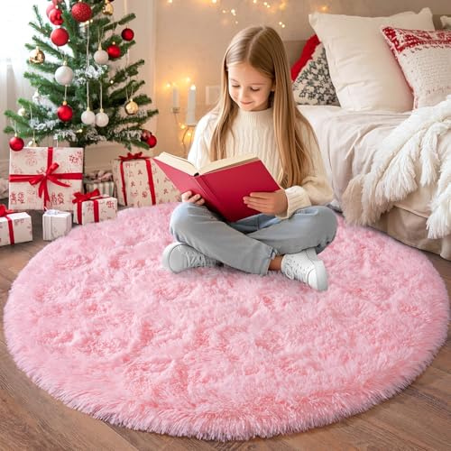 Chicnix Hochflor Teppich Rund 160 cm, Teppich Wohnzimmer Shaggy Langflor, Moderner Plüsch rutschfest Weich Flauschig Bettvorleger für Kinderzimmer Schlafzimmer, Rosa