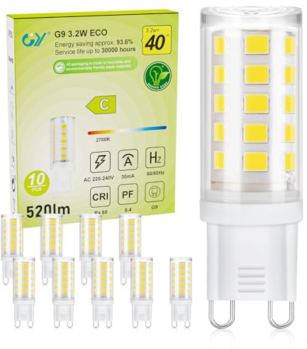 GY Lampadina G9 Led bianco caldo 2700 K, 3,2 W, 520 lm, equivalente 40 W, classe C, lampadina LED G9, 16 x 50 mm, 220-240 V, base in ceramica, non dimmerabile, confezione da 10