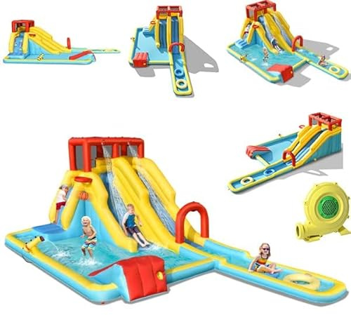 COSTWAY Château Gonflable 8 en 1 avec Double Toboggan & Souffleur 680W, Aire de Jeux Gonflable avec Mur d’Escalade & Pistolet à Eau & Pataugeoire, Charge 159kg pour 3 Enfants de 3-10 Ans