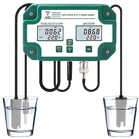 BOOZXCV Compteur d'analyse d'eau numérique, Moniteur PH/ORP/EC/CF/TDS/Temp avec écran LCD, détecteur de qualité de l'eau avec Connexion WiFi et contrôle APP, pour Piscine d'étang d'eau