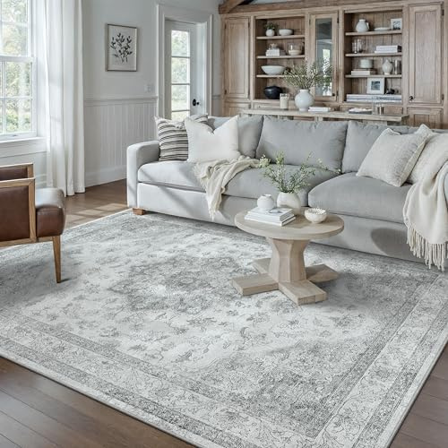 PureCozy Vintage Washable Grey Rugs Living Room Area Rug 140x200cm Bedroom Large Non Slip Soft Carpet Kitchen Bedroom Dining Room Office Indoor Low Pile Carpets