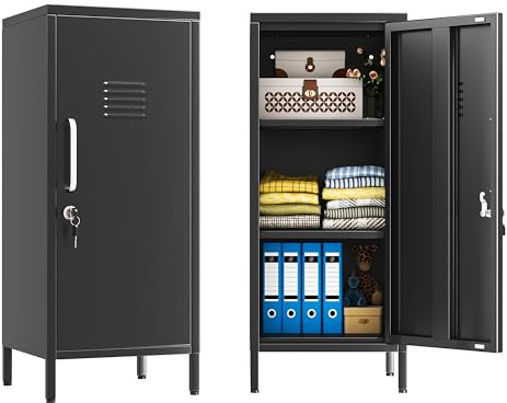 Black Metal Locker Cabinet, 35.4 H Home Office Storage Lockers, Vertical Steel Storage Cabinet with Locking Door and 2 Adjustable Shelves, Garage Tool File Cabinets for Home Office,Garage,Bathroom