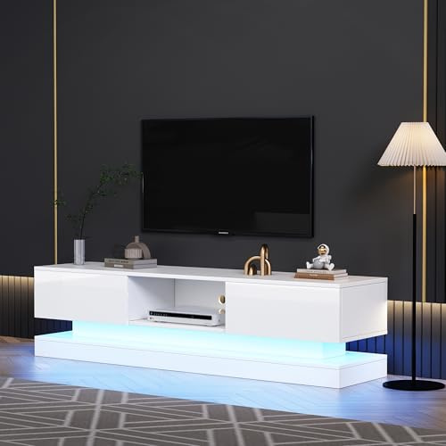 BXEYXE 160 x 35 x 40,5 cm. Armario de TV blanco brillante con iluminación LED. 2 cajones. Control de aplicación. Diseño antiinclinación. para televisores de 60 pulgadas. Tv Board.tv lowboard