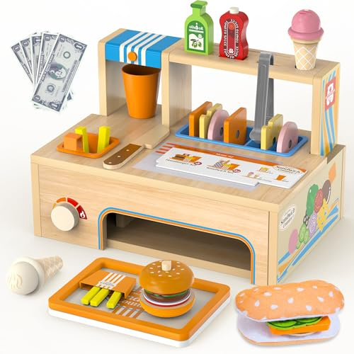 WOODMAM Sandwich Shop träleksaker Montessori leksak kökstillbehör barnkök butiker och tillbehör rollspelspresenter för pojkar flickor från 3 år