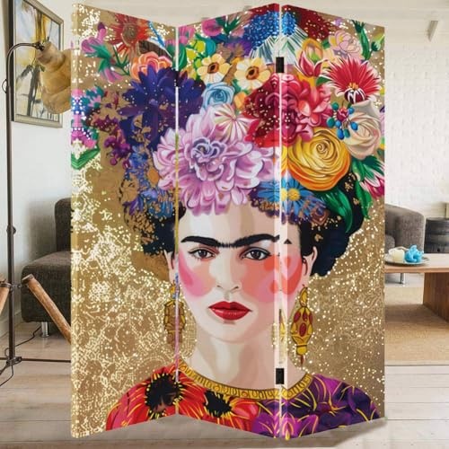 BAKAJI Paravento Separe' 3 Pannelli Struttura Legno Stampa Frida Kahlo, Divisorio Richiudibile Pieghevole, Design Moderno, Arredamento Interno Dimensioni 180 x 120 cm