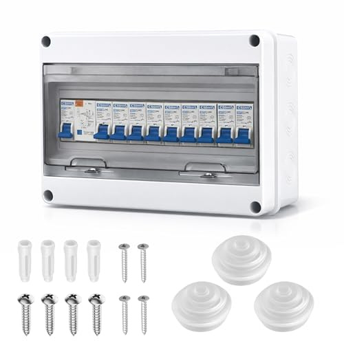 9 Way Consumer Unit Circuit Breaker: Plastic Anti-Leakage Fuse Box IP65 Waterproof Garage Consumer Unit for Garage Workshop Caravan Outbuilding 4 x 10 A + 3 x 16 A + 2 x 20A