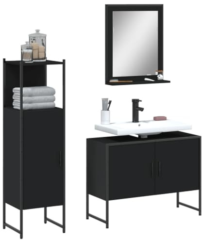 Holamys 3-TLG. Badmöbel-Set Schwarz, Holzwerkstoff, pulverbeschichteter Stahl, 80x33x60 cm Waschbeckenunterschrank, viel Stauraum für Ihr Badezimmer