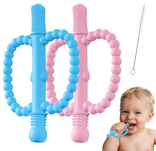 Confezione da 2 giocattoli per dentizione per bambini, in silicone senza BPA, con spazzola per la pulizia, giocattoli sensoriali da masticare per bambini da 0 a 6 a 12 mesi, lenire i molari dei denti