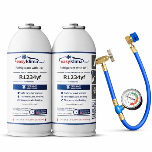 EasyKlima R1234yf Lot de 2 boîtes de réfrigérant de rechange pour climatisation de voiture + tuyau avec manomètre – Kit de recharge de climatisation – Entretien du système de climatisation