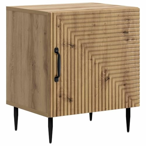 Comodino moderno Artico in rovere 43 x 34,5 x 50 cm in legno ingegnerizzato, gambe in metallo conico, porta a battente a 90°, spazioso per libri e piccoli oggetti, facile da pulire.