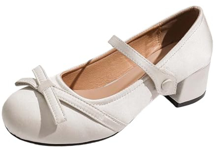 Generisch Zapatos de tacón bajo para mujer con lazo y tacón de bloque bajo - Elegante Mary Janes de satén con tapa cuadrada | Zapatos festivos para bodas y fiestas, Estilo C03 Blanco, 35 EU
