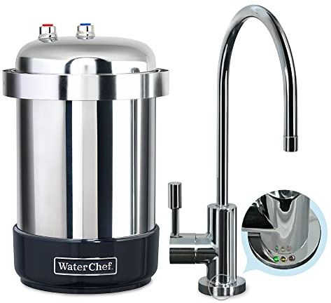 WaterChef U9000 Premium Under-Sink Water Filtration System w/Intelligent Monitor & Designer Series Faucet (Chrome), NSF/ANSI Certified for 78 Contaminants, 1,000 Gal., Stainless, Made in USA
