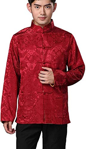 Blingland Chinese Traditional Uniform Top Kung Fu Shirt for Men Chinese Clothing Asian XXL / US XL-Red+Gold
