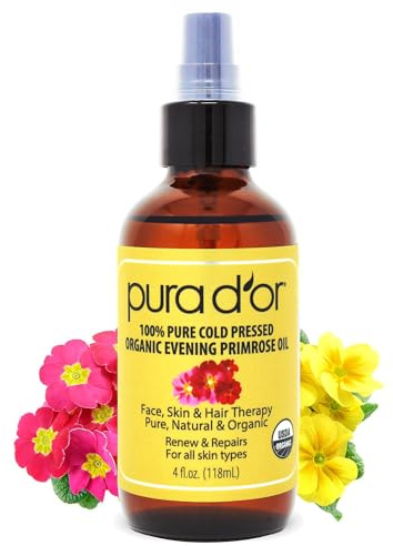 PURA D'OR Organic Evening Primrose Oil 100% Pure Cold Pressed w/Essential Fatty Acids & Antioxidant Rich - Moisturizes, Rejuvenates, Renews & Restores - Skin, Hair & Face 4 Oz Ayurvedic Skin Care