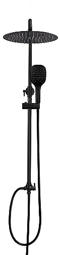 Görbach Colonna Doccia Nero Opaco in Acciaio Inox Set doccia a Pioggia con Soffione e Doccetta (D25cm)