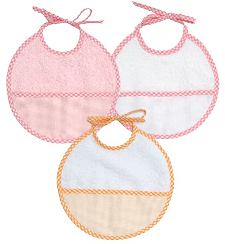 Ti TIN - Confezione 3 Bavaglini a punto croce 100% cotone con tocco molto morbido. Colore rosa, misure 19x19 cm