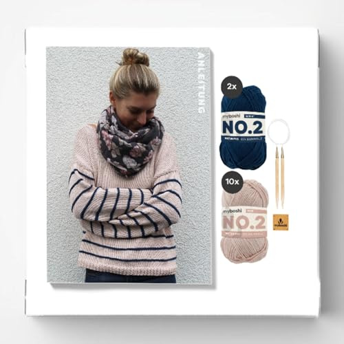 myboshi Strickset Pullover St. Louis, Strickset für Anfänger, inkl. No.2 Wolle, Nadel und Anleitung, Label, Strickpaket, 85% Baumwolle, 15% Kapok Rosa, Blau, mit Rundstricknadel