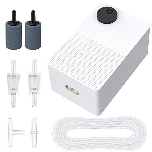 Pawfly 64 GPH Aquarium Air Pump with Dual Outlets Adjustable Quiet Oxygen Aerator Pump with Airline Tubing Air Stone Connector and Check Valve Accessories for Fish Tanks up to 75 Gallons